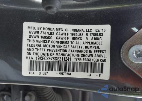 2016 Honda Civic Ex from USA, damaged, VIN 19XFC2F78GE211241